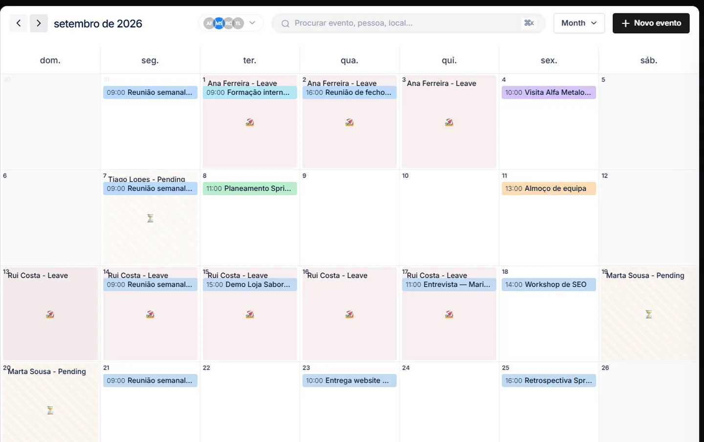 Calendário mensal da equipa