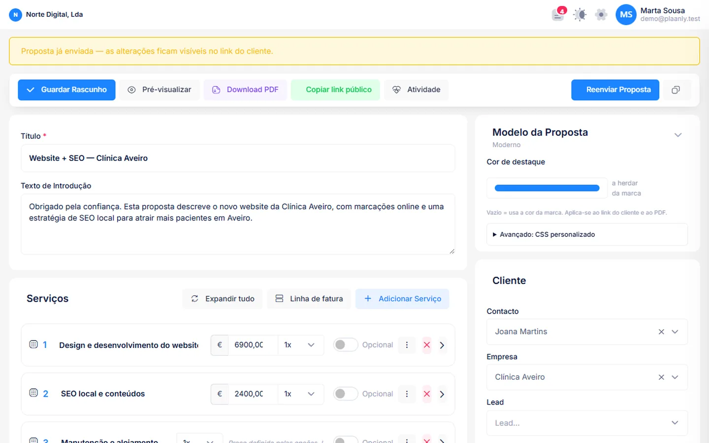 Editor de propostas do Plaanly